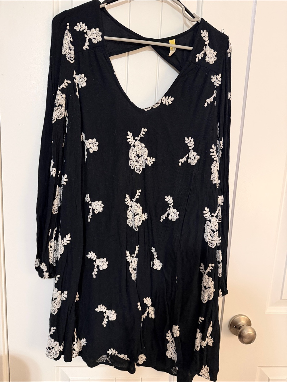 Free People Black Long-Sleeve Dress with White Floral Embroidery